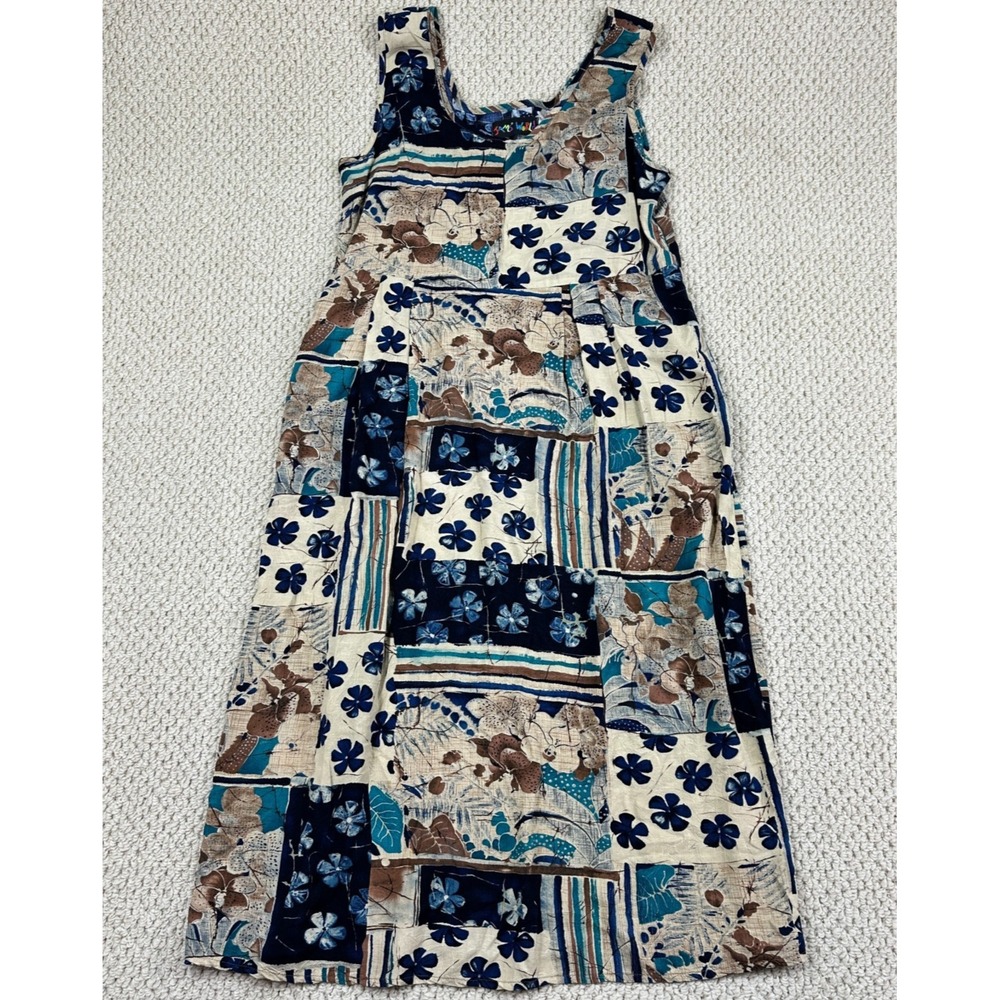 Vtg Jams World Dress Womens L Beige Blue Midi Slit Hibiscus Floral Sundress